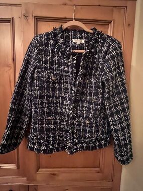 Nanette Lepore Navy and White Tweed Fringe Jacket